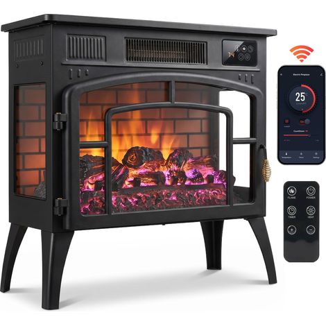 HOMCOM Caminetto Elettrico da Terra 1000/2000W WiFi Vista su Tre Lati, Nero (1/5)