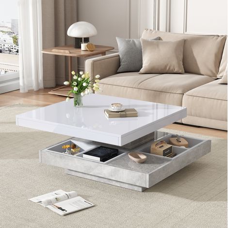 Drehbarer Couchtisch 70 x 70 x 36 cm, glänzend weiße Tischplatte OKMYHOME (1/5)