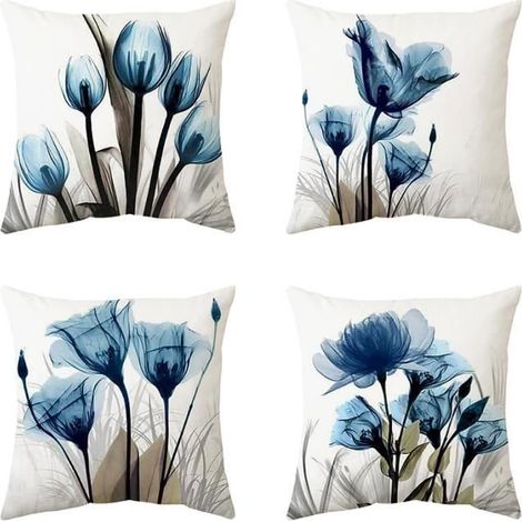 8 housses de coussin bleu fleurs, lin doux extérieur, coussins décoratifs scandinaves pour jardin et canapé