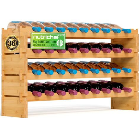 Casier à Bouteilles en Bambou 36 Bouteilles Range Bouteille Vin Empilable 4 Niveaux Porte Bouteille Autoportant Rangement Bouteilles pour Cave à Vin Cuisine ou Bar (1/4)