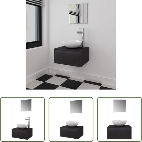 Miroir de salle de bain - Meuble de salle de bain 4 pcs avec lavabo et robinet Noir (1/5)