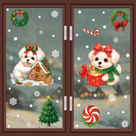 Décorations de fenêtre de chambre mignonnes pour Noël, motif dessin animé, flocons de neige et chien mignon - [Deux combinaisons] 618+626