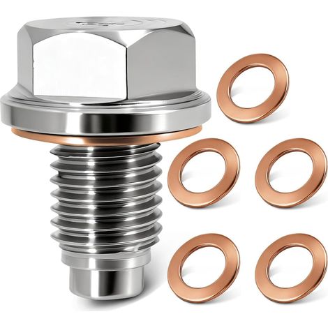 Tappo di scarico magnetico M12x1.5 in acciaio inox 304 per coppa dell'olio auto, tappo di scarico magnetico ad alta resistenza con 5 rondelle in rame, kit di manutenzione del motore auto (1/5)