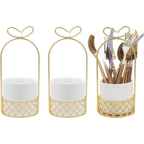 3 Ceramic Cutlery Holders for Table, White Cutlery Holder with Gold Metal Holder for Wedding Tables Kitchen and Dining Room, 95 x 210 mm (1/5)