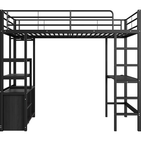Litera alta 90 x 200 cm con escritorio, enchufes USB, estantes y escalera, metal y MDF, negro (1/5)