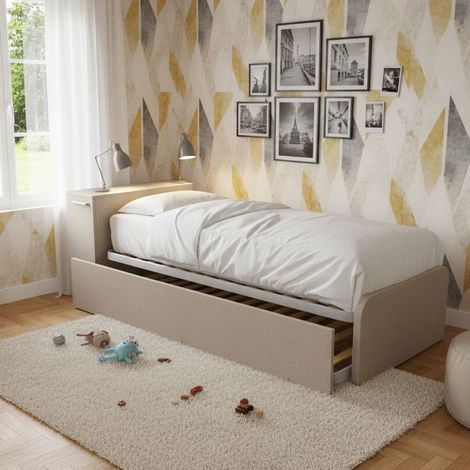 Letto singolo con secondo letto estraibile e testata testiera contenitiva - 80x190 - Effetto tessuto