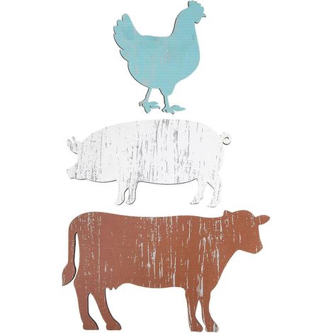 1 ensemble de panneaux décoratifs en bois représentant des animaux de la ferme : poule, cochon, vache. (1/5)