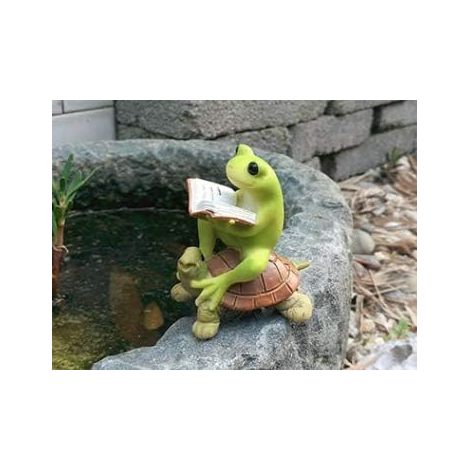 Statue miniature de jardin féerique en train de lire - Grenouille lisant avec une tortue (1/5)