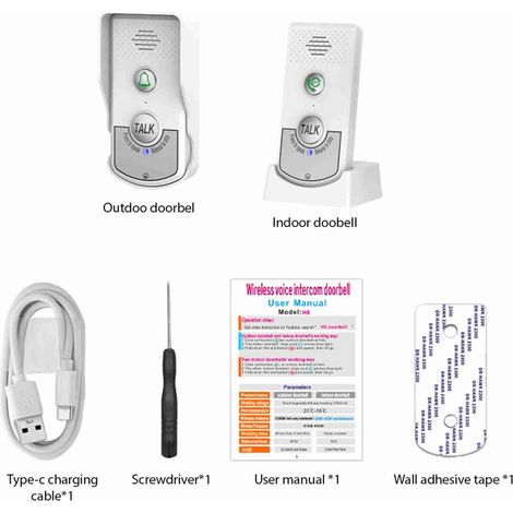 Sistema de intercomunicación inalámbrico inteligente y recargable para puertas, con un alcance de 1000 m, 3 niveles de volumen y 38 tonos de llamada, color blanco. Incluye 1 unidad exterior y 1 unidad (1/2)