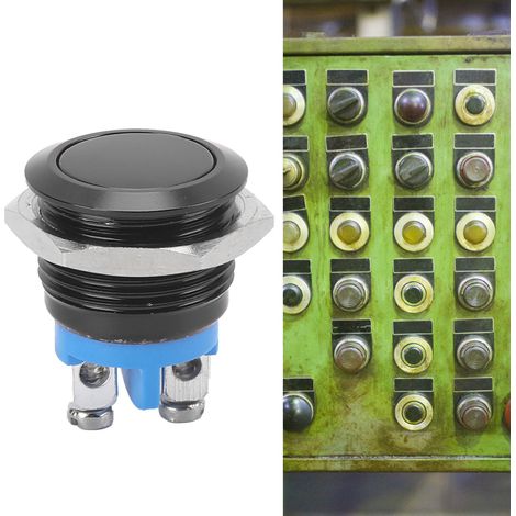 16 mm Flachkopf-Metall-Drucktaster, vollständig eloxiert, selbstrückstellend, Kippschalter, 220 V, schwarz. (1/5)