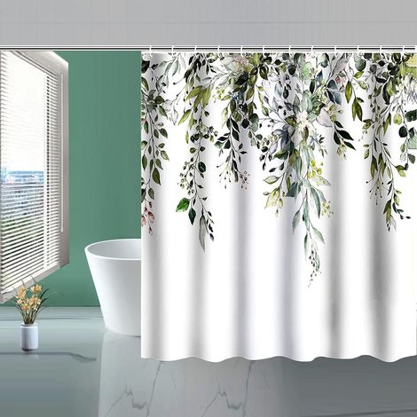 Duschvorhang aus Stoff, wasserdichter Kabinenvoile mit 12 Haken, Eukalyptusblattmuster, ideal für Badezimmer, Hotel, Zuhause, wasserabweisend und waschbar, moderne Dekoration. (1/5)