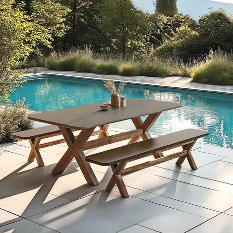 NESTOR - Ensemble table et bancs effet béton marron pieds en bois d'acacia