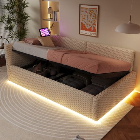 Cama tapizada 90x200 cm beige de terciopelo con arcón hidráulico, LED y puertos USB-C (1/5)