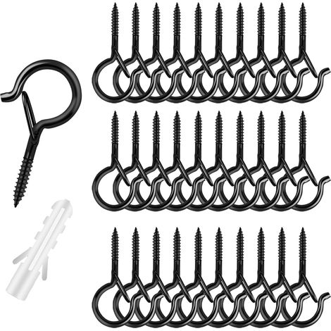 Lot de 30 Crochets à Visser Q en Métal Noir - Piton à Vis avec Cheville, Crochet Mural Robuste pour Suspension Plantes, Guirlandes, Bois et Mur - Installation Facile (1/5)
