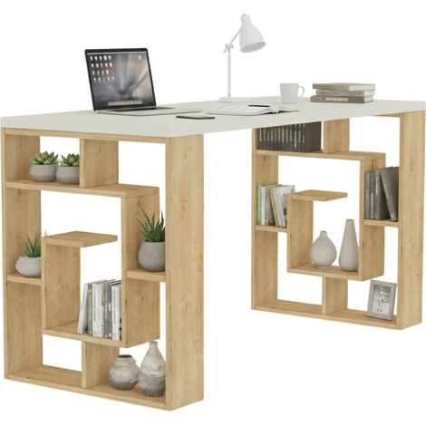 Schreibtisch Archidamia, Gestell Braun, Tischplatte Holzdekor, Regal Weiß, 140x60x75h cm Weiß