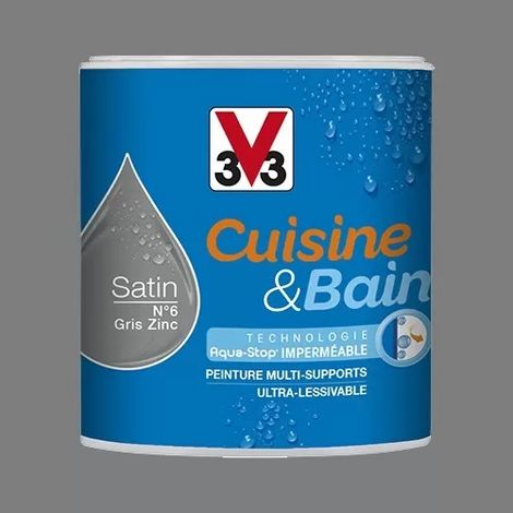 V33 – Peinture anti humidité satinée 0,5 L – Gris zinc n°6 – Multi-supports pour murs et boiseries – Résistante à l'humidité et aux graisses (1/2)