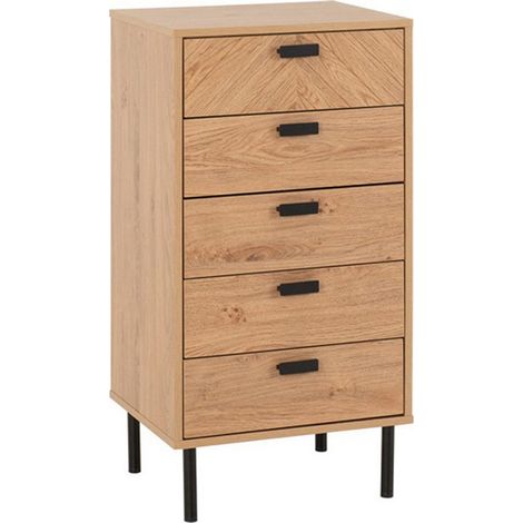 Leon 5 Drawer Narrow Chest - L40 x W48.5 x H93.5 cm - Medium Oak Effect