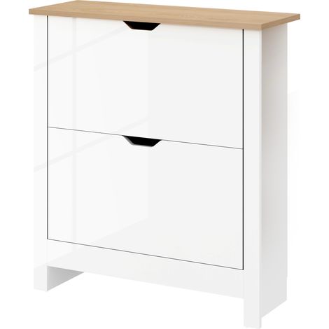 Slim Shoe Cabinet, Narrow Shoe Cupboard 2 Flip Drawers, Adjustable Shelves for 12 Pairs of Shoes, High Gloss White (1/5)