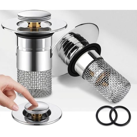 2 Stück Pop Up Ablaufventil mit Haarsieb, Spülbeckenablauffilter,Universeller Exzenterstecker Edelstahl 34-40 mm Universell Schnellentwässerung Excenterstopfen (1/4)