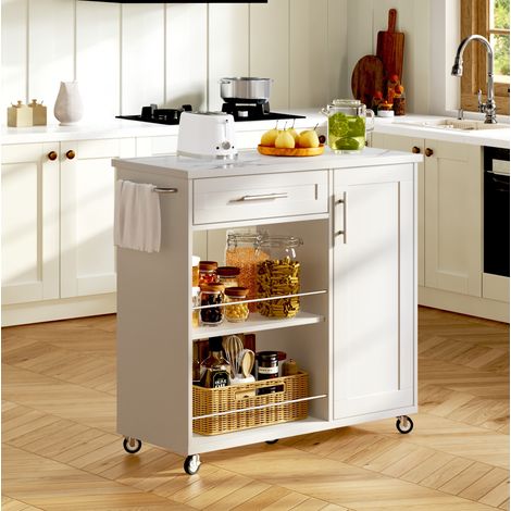 Carrello da cucina 90x62x90 cm bianco in MDF con piano effetto marmo, cassetto, armadio, ripiani aperti e ruote bloccabili (1/5)