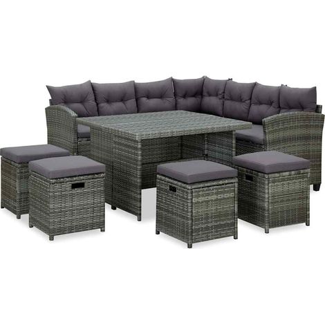 Salon de jardin 6 pcs Ensemble Table et Chaise de Jardin - avec coussins Résine tressée Gris BV386032 - BonneVie (1/5)
