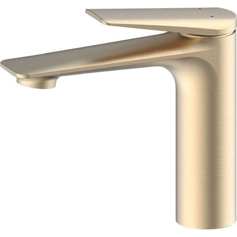 Waschtischarmatur aus reinem Kupfer, niedriges und kompaktes Design, Zweigriffschalter, Oberfläche in gebürstetem Gold.