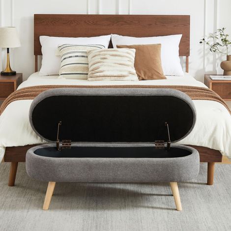 Bettbank mit Stauraum, ovale gepolsterte Sitzbank aus Chenille, 110 cm, moderne Truhenbank für Schlafzimmer, Flur oder Wohnzimmer – Grau
