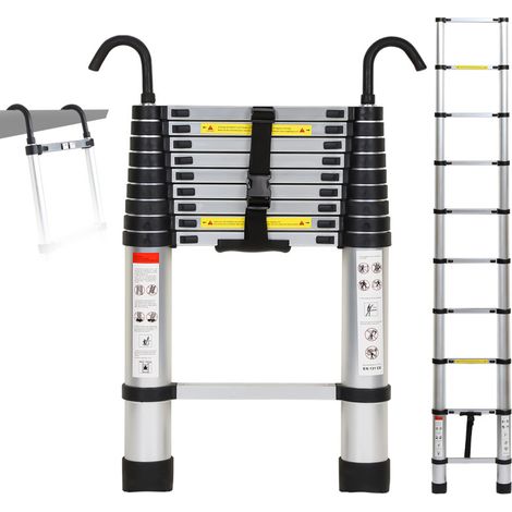 SWANEW Scala telescopica con scala di estensione del gancio fino a 150 kg scala a pioli in alluminio stabile argento argento 2.6 m (1/5)