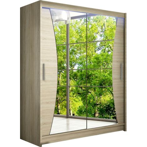 Armario Closico Camera IX, Roble Sonoma, 200x150x58cm, Puertas de armario: Correderas, Número de estantes: 5, LED