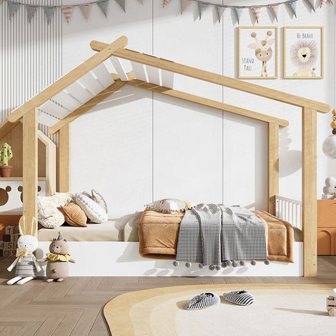 Lit en bois pour enfant style maison, lattes solides, blanc et couleur naturelle - 90x190 cm (1/5)