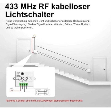Interruttore wireless, kit interruttore, trasmettitore radio 433Mhz, ricevitore 2200W/10A, interruttore per illuminazione, interruttore RF e ricevitore, interruttore a muro (1/4)