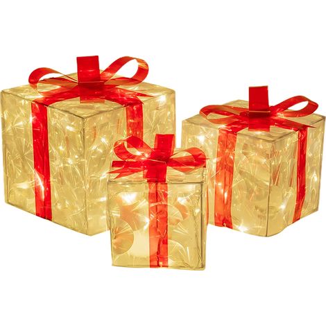 Eosnow Set mit 3 beleuchteten Weihnachts-Geschenkboxen, transparente Dekorationen mit roten Schleifen, Baumrock-Ornament, Weihnachtsfeier, Urlaubsdekoration