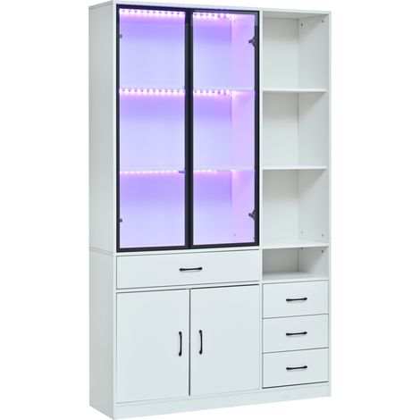 Vitrine haute blanche 120 x 35 x 200 cm avec LED, 4 tiroirs et 13 rangements (1/5)