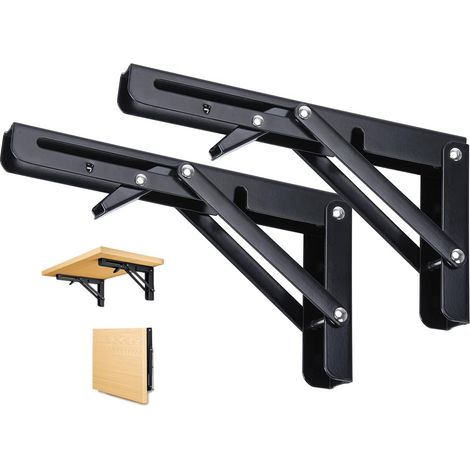 2 Stück Schwarze Klapp-Winkelkonsolen 300mm, Wandklapphalterung Regal Tisch Garage Küche