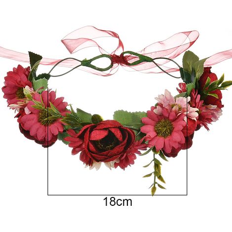 Couronne Florale - Bandeau Cheveux avec Fleur en Tissu et Ruban - Halo Boho pour Fête Mariage Festival Plage - Taille 16,5 cm - Rose (1/5)