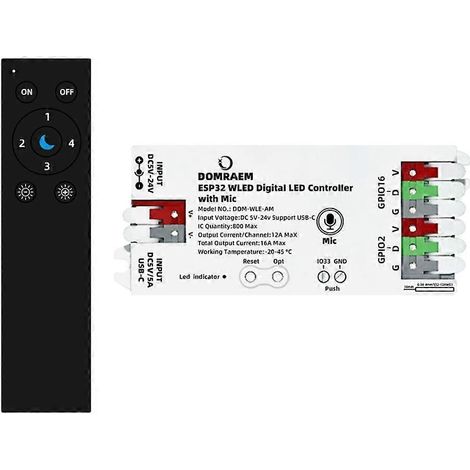 DOMRAEM ESP32 WLED LED-Controller mit integriertem Mikrofon. Steuerungs-App zum Download verfügbar. Kompatibel mit den Modellen WS2811, WS2812 und SK6812. Funkfernbedienung. (1/5)