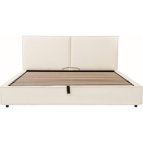 Cama tapizada doble 180 x 200 cm con somier elevable hidráulico, cabecero, lino beige OKWISH (1/5)