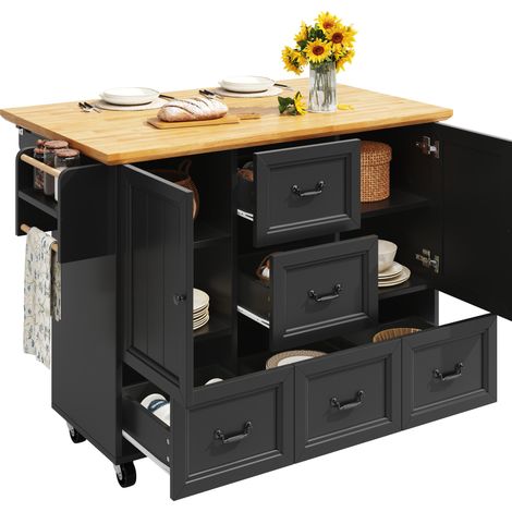 Îlot de cuisine meuble de rangement sur roulettes avec plan rabattable, 2 portes, 5 tiroirs, range-épices et porte-serviettes, noir - CHICFURN (1/5)