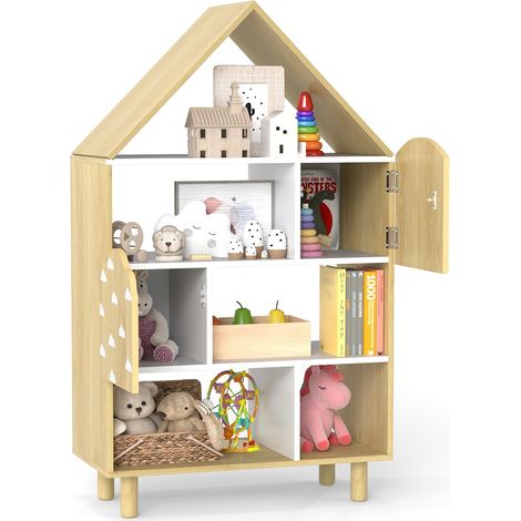 COSTWAY Scaffale per Bambini a Forma di Casa, Libreria Multiusa con 2 Ante, Sistema Anti-ribaltamento e Gambe in Legno per Sala Giochi Asilo Camera da Letto, 60 x 30 x 103 cm (1/5)