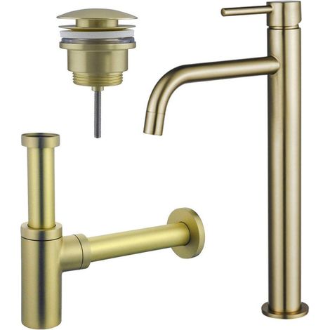 Fortifura Calvi Slim Kit mitigeur lavabo - robinet rehaussé - bonde clic clac - siphon design - PVD Laiton brossé