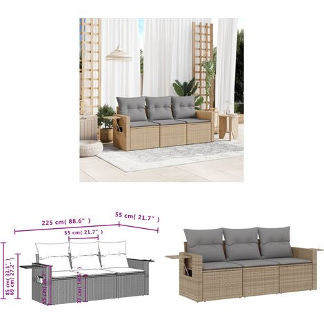 3-tlg. Garten-Sofagarnitur mit Kissen Beige Poly Rattan - Gartenmöbel - Outdoor Möbel - Rattan Gartenset - Lounge Set - Sofasitzgruppe - Home & Living