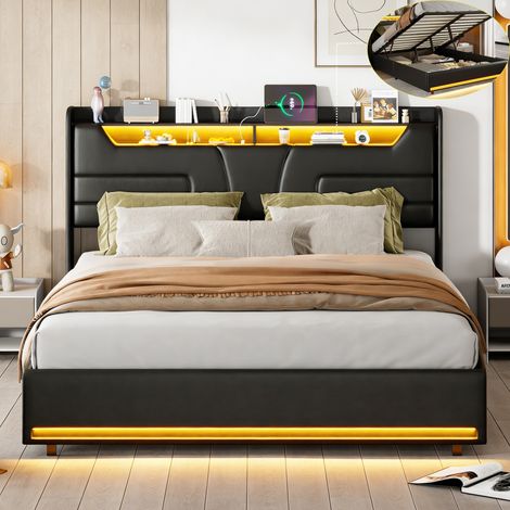 Lit adulte 140x190 CM - Lit coffre avec sommier LED et USB - Lit rembourré avec Hydraulique rangement - 2 Personnes - PU - Noir (1/5)