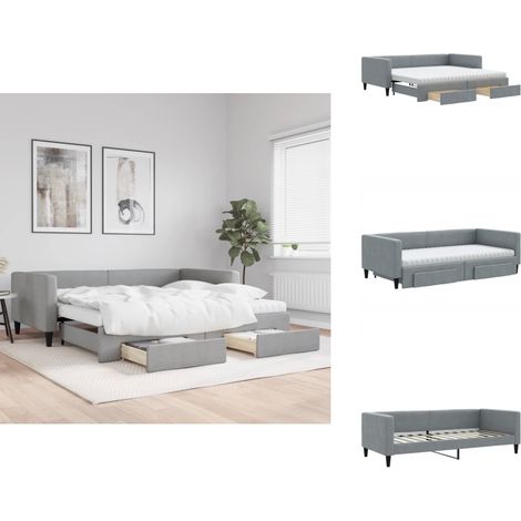 The Living Store Lit de jour avec gigogne et tiroirs gris clair 100x200 cm tissu - Lit gigogne (1/5)