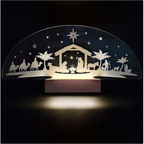 Crèche de Noël lumineuse LED 3D – Scène de la Nativité en plexiglas 5 mm sur socle bois – Dimensions 40 x 19 cm – Fabrication artisanale française – Adzif.Biz Le Sticker De Decoration (1/4)