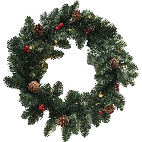Corona de Navidad 60 cm con Luces, Piñas y Bolitas Rojas