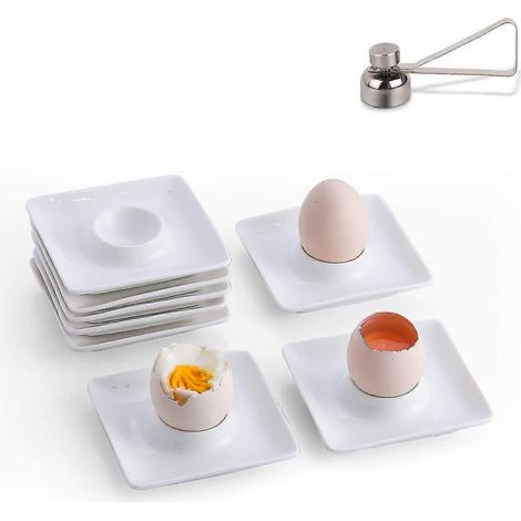Set mit 8 Porzellan-Eierbechern und 1 Eierknacker aus Edelstahl, quadratische weiße Keramik-Eierhalter, geeignet für weichgekochte Eier - yu (1/5)