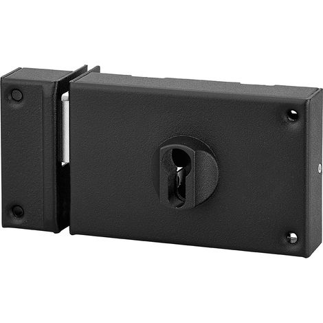 Thirard – Serrure en applique double entrée pour porte de cave – Pêne seul gauche – Axe 70mm – Dimensions 140x88mm – Coffre acier cambré noir (1/3)