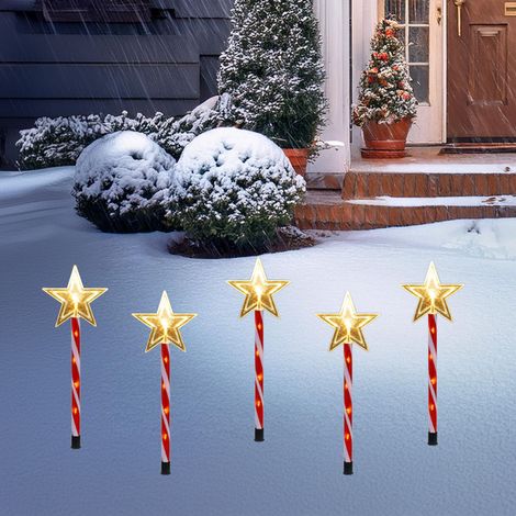 LED Gartenstecker 5er Set Stern rot/weiß mit Timer - je 50 cm - Garten Deko Weihnachts Beleuchtung warm weiß - Weihnachten Winter Advent Dekoration für Außen