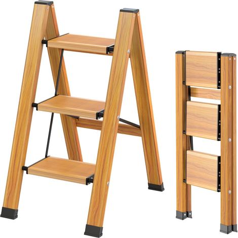 Escabeau Pliable 3 Marches Aluminium, Antidérapant, Grain de Bois Échelle Pliante de Ménage Multifonctionnelle, Portable, Charge Maximale 150 Kg, en Aluminium (1/5)