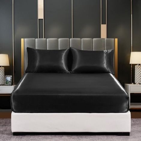 Drap-housse satiné rafraîchissant 152 x 203 cm - Doux, avec poches profondes de 36 cm - Respirant et infroissable - Couleurs grand teint - Entièrement élastique - Parure de lit - Comprend 2 taies d'or (1/5)